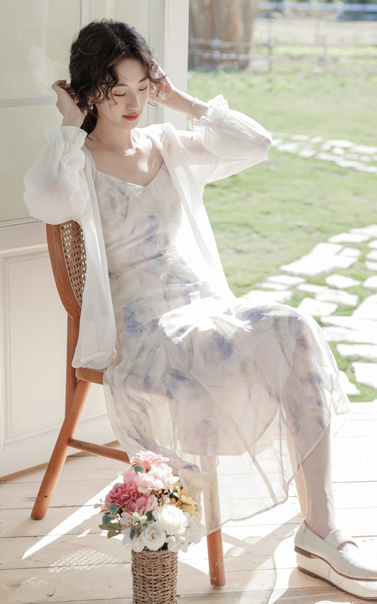 一件代发2024夏季新款水墨印花吊带连衣裙新款仙女裙修身雪纺裙详情10