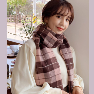 Korean style pink checkered scarf imitating cashmere winter purple scarf 2022 autumn and winter new style widened scarf shawl pic 8
