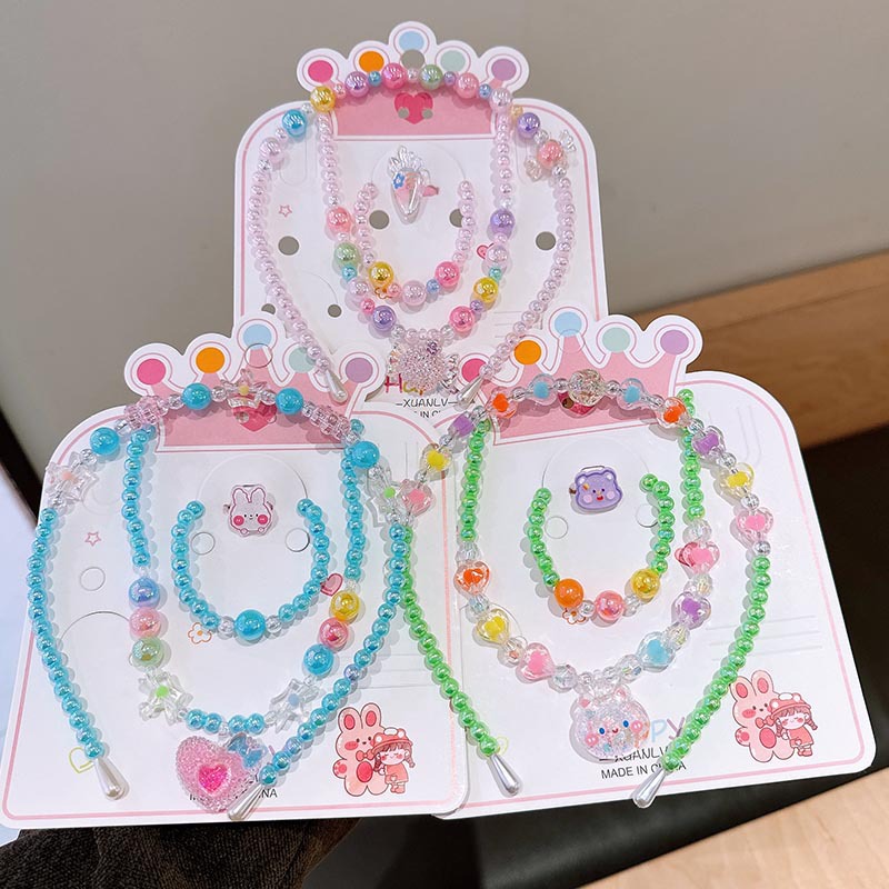 跨境新款儿童项链首饰套装炫彩串珠手链卡通发箍耳环公主女童配饰详情5