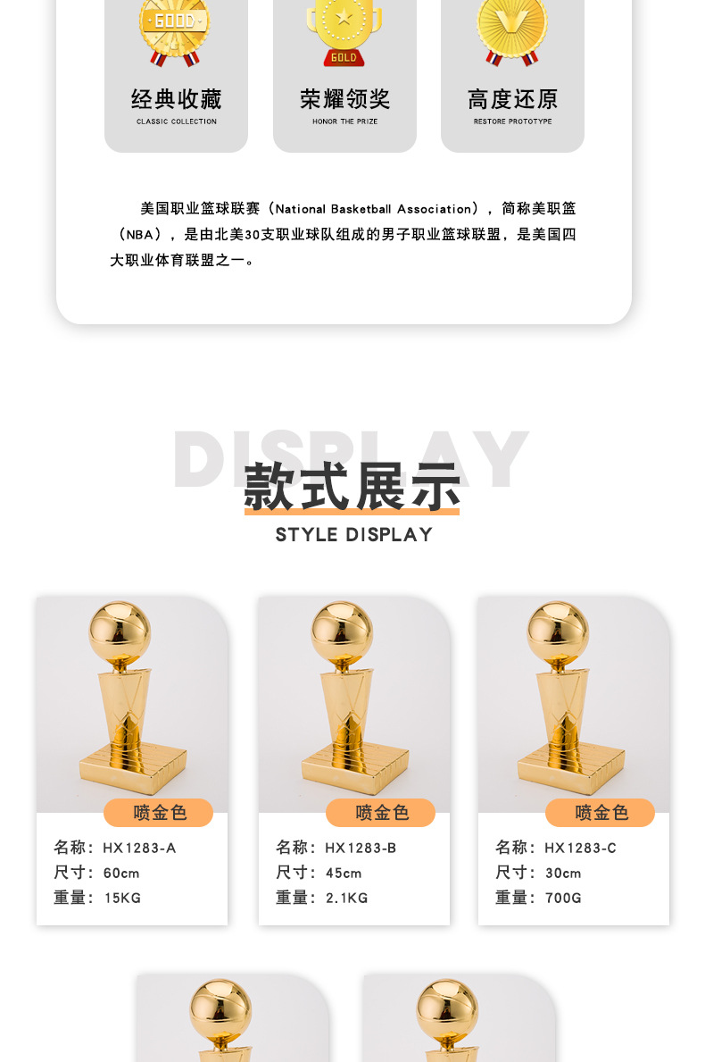 Professional league game basketball trophies, fan souvenirs, fan KTV bars, electroplated gold NBA trophies pic 7