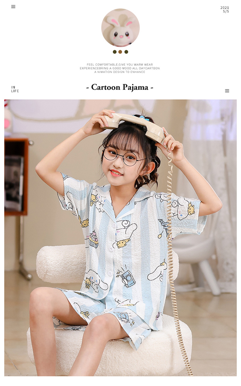2023女童睡衣儿童夏季短袖短裤泡泡绉布套装女孩开衫大童家居服夏详情22