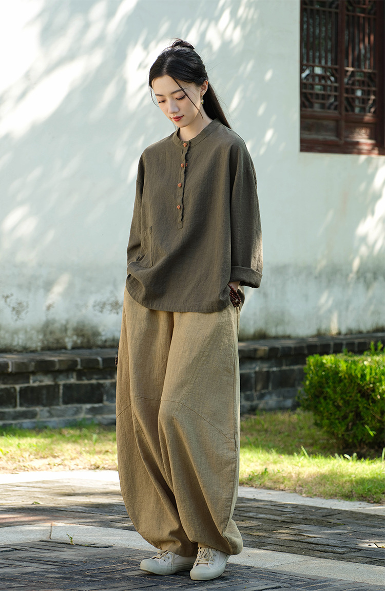 2024春夏棉麻女装新品亚麻立领拼色盘扣套头大码上衣女式棉麻衬衫详情21