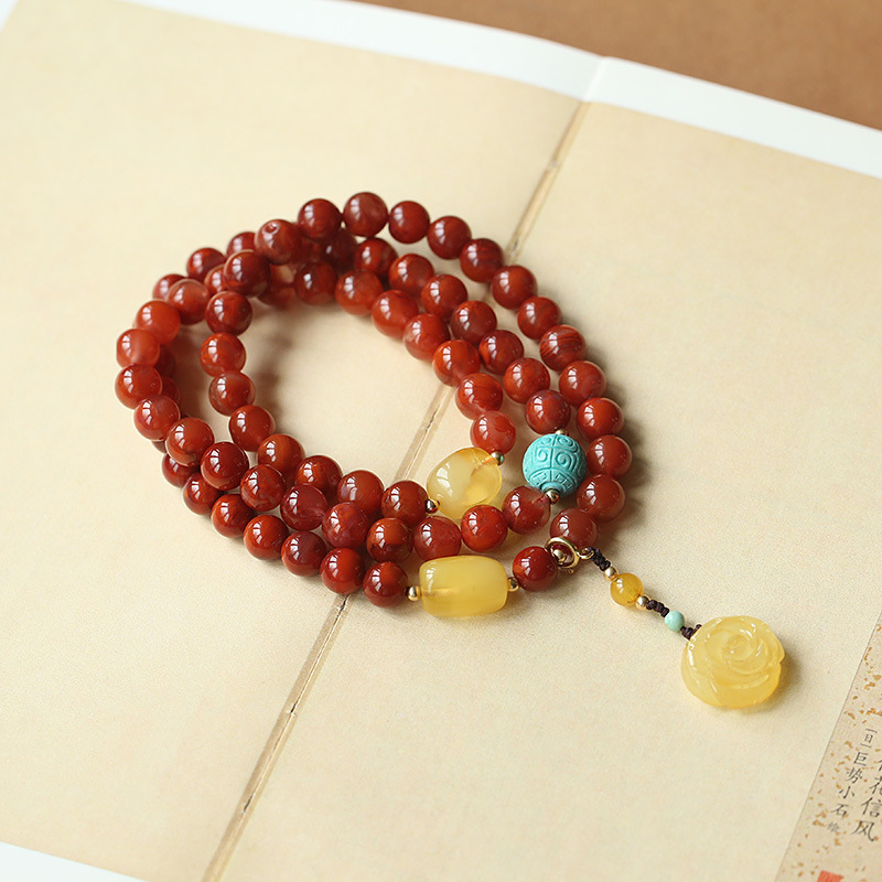 Natural three-circle flame red South red bracelet, turquoise meander beads with amber bucket beads and amber rose pendant bracelet pic 5
