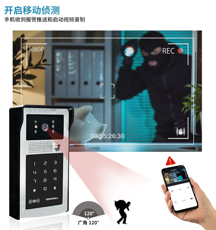 1080P WiFi doorbell, mobile detection, remote unlocking via mobile phone, digital high-definition intelligent video doorbell pic 8