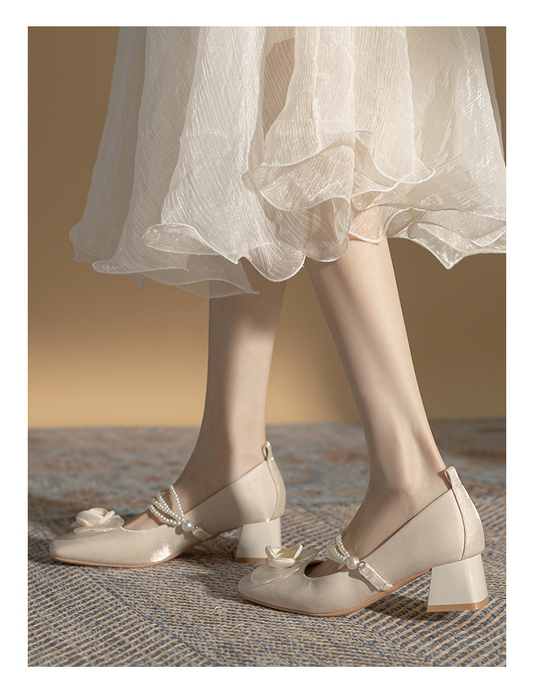 法式玛丽珍方头单鞋女2024春夏新款粗跟中跟女鞋百搭花朵绸缎鞋子详情19