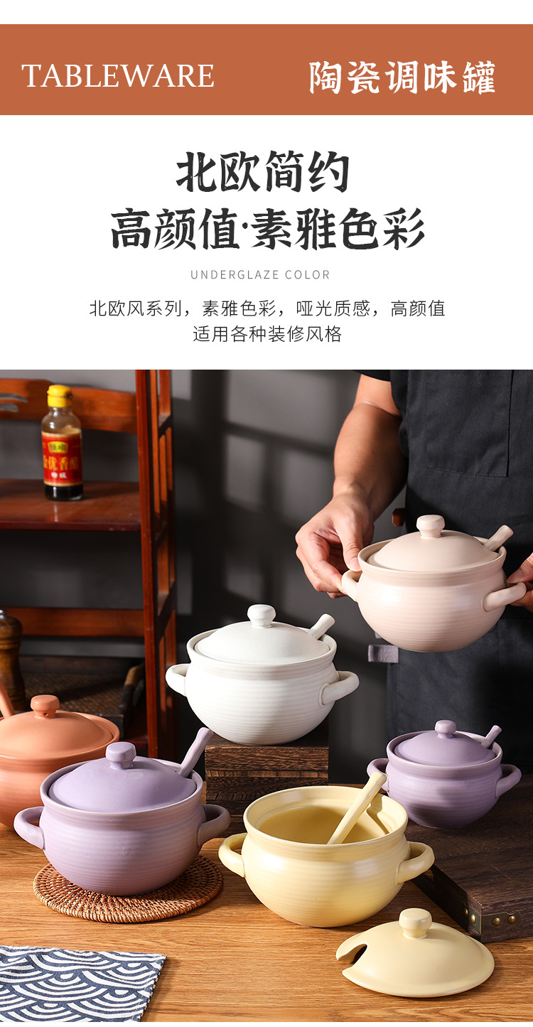 调料调味罐猪油罐陶瓷耐高温糖罐双耳带盖带勺日式复古芝麻点色釉详情5