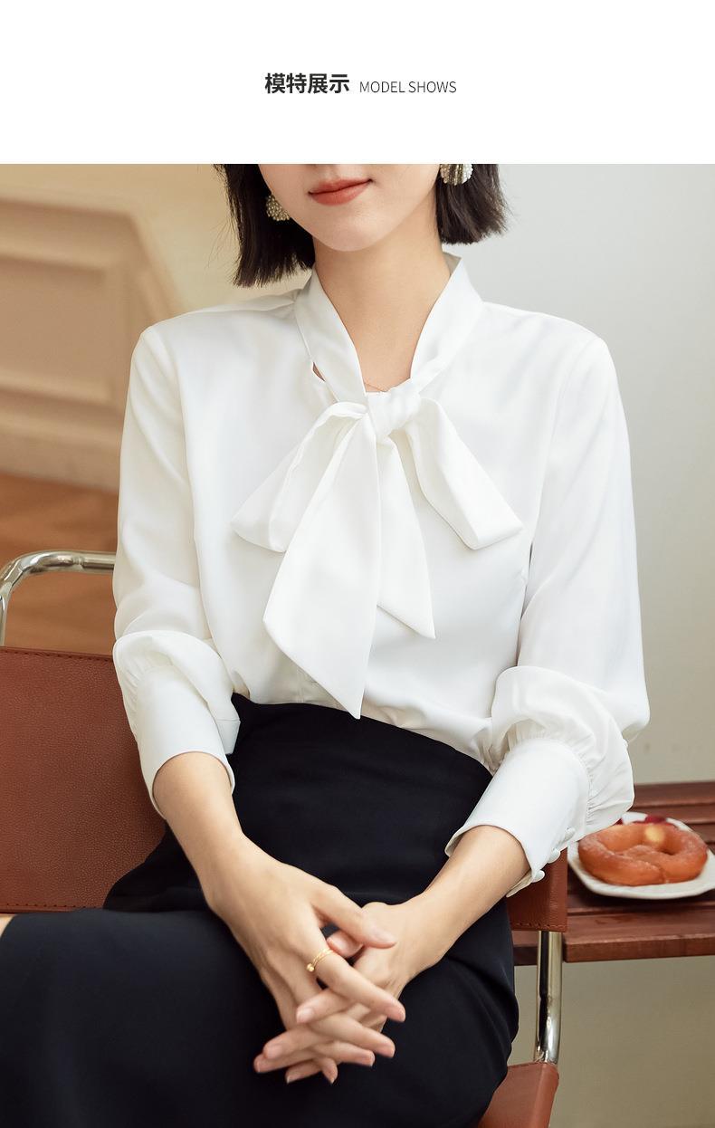百薇秋季新品飘带女式衬衫潮流蝴蝶结女装通勤风纯色开衫系带上衣详情8