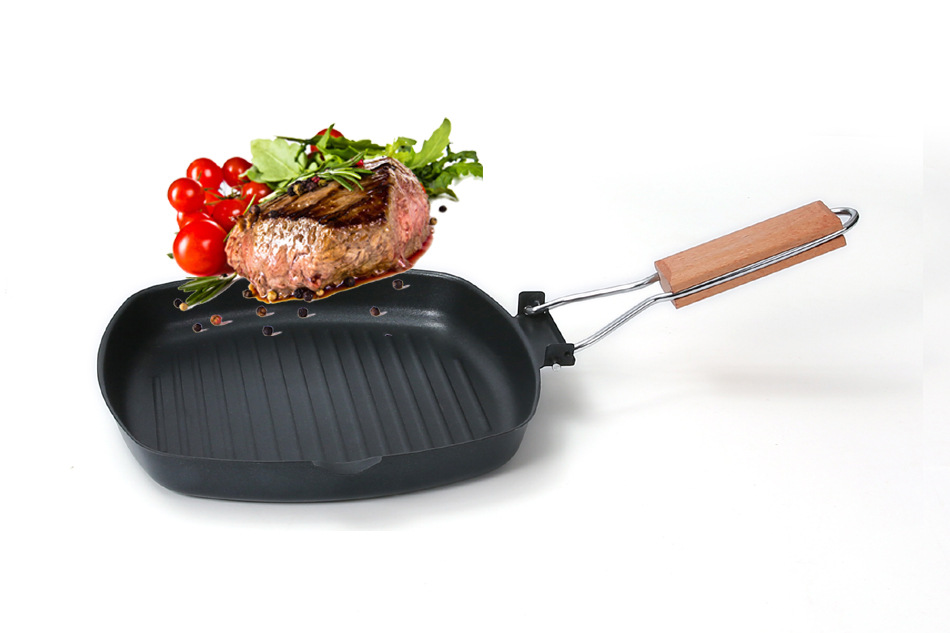 Steak frying pan, breakfast frying pan, folding wooden handle, flat, non-stick, gas induction cooker, customizable LOGO steak pan pic 2