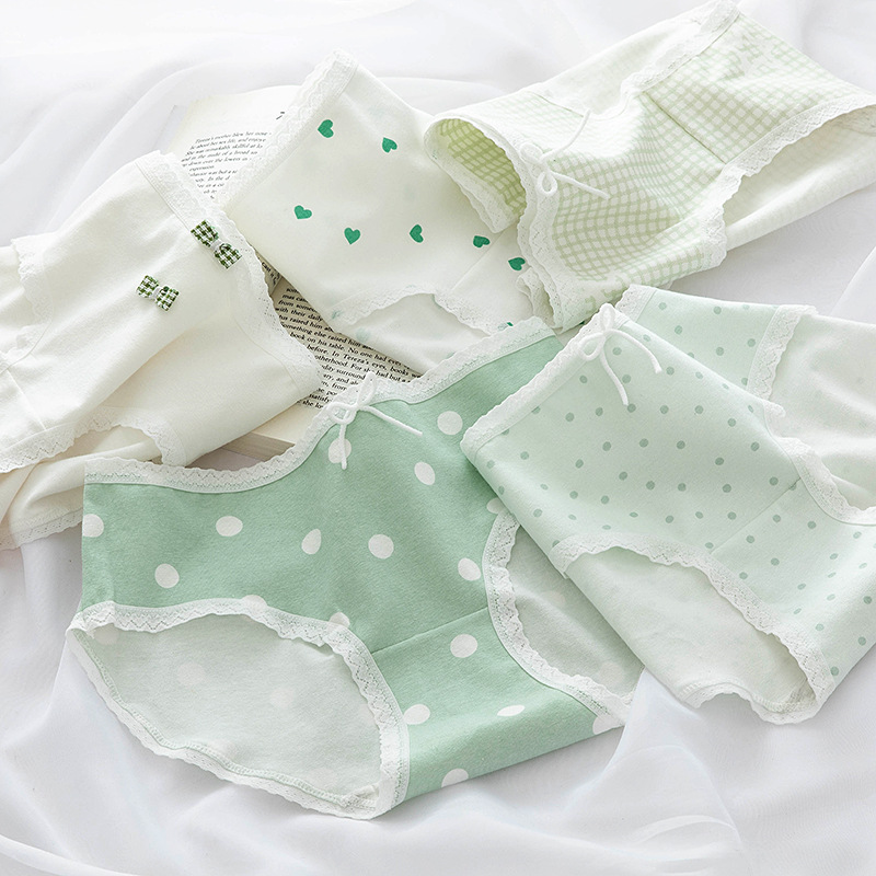 Japanese-style fresh and light polka dot print milkshake green girl underwear for women, pure cotton crotch mid-waist student briefs pic 35