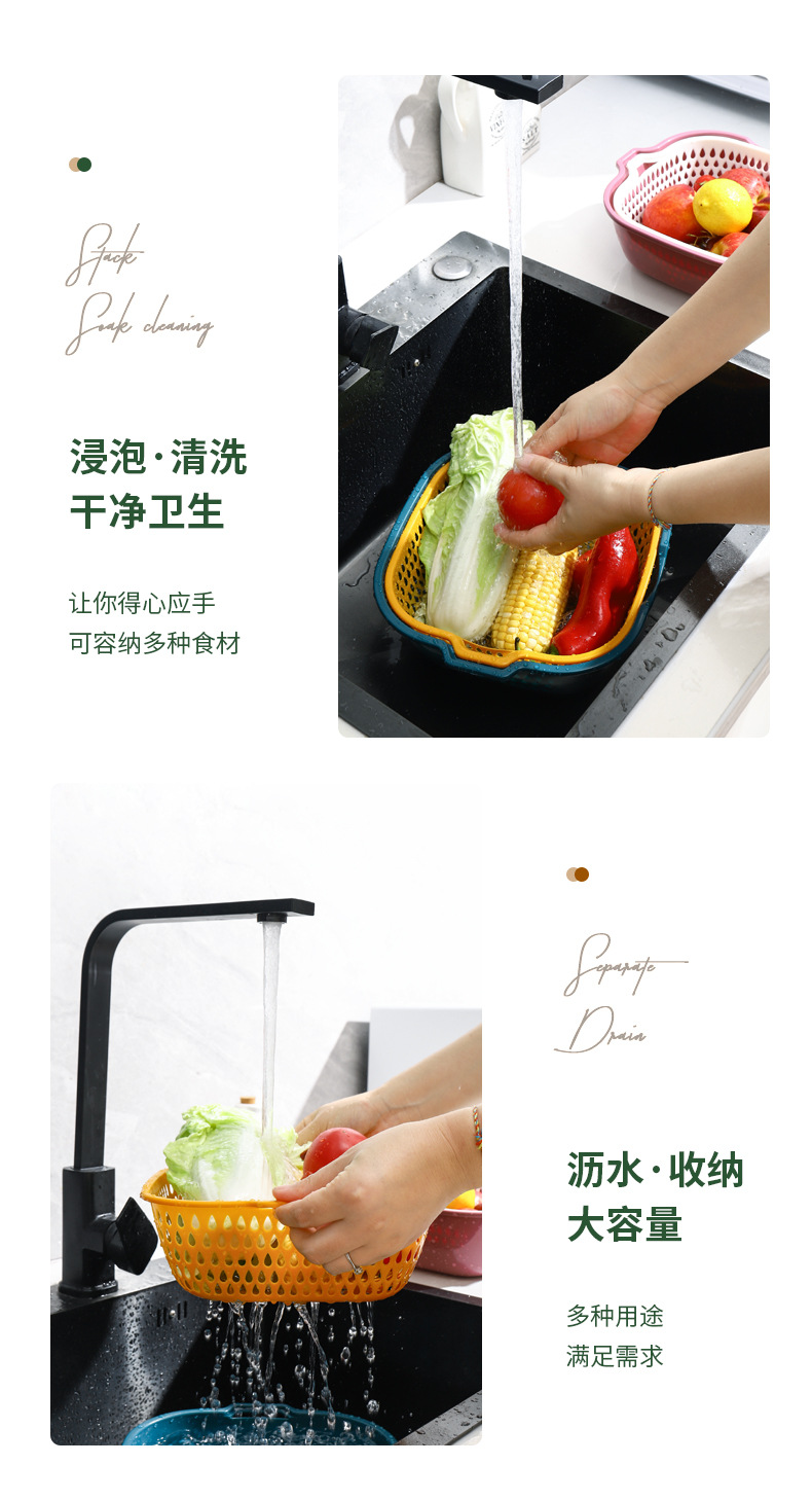 多功能塑料沥水篮八件套厨房加厚双层洗菜盆洗水果篮漏水篮滤水筐详情7