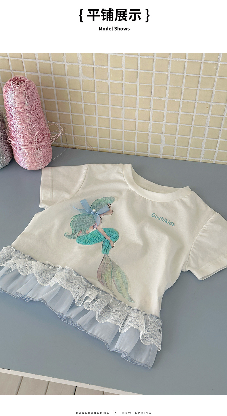 A new summer lace patchwork short-sleeved shirt for girls in 2025, a sweet and fashionable T-shirt for children pic 28