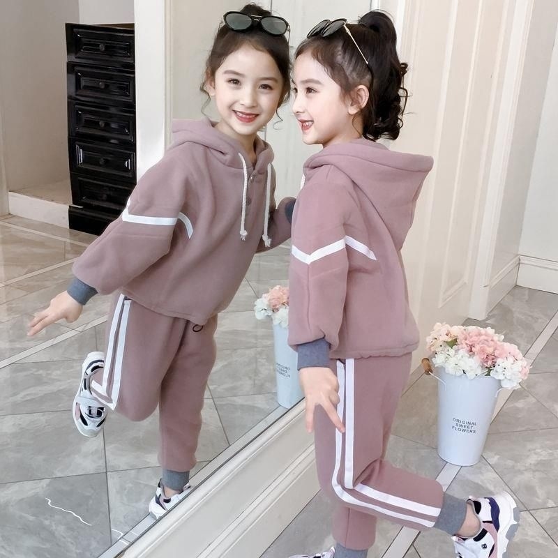 外贸加绒秋冬季2022新款儿童女童服装拼接连帽卫衣套装两件套批发详情19