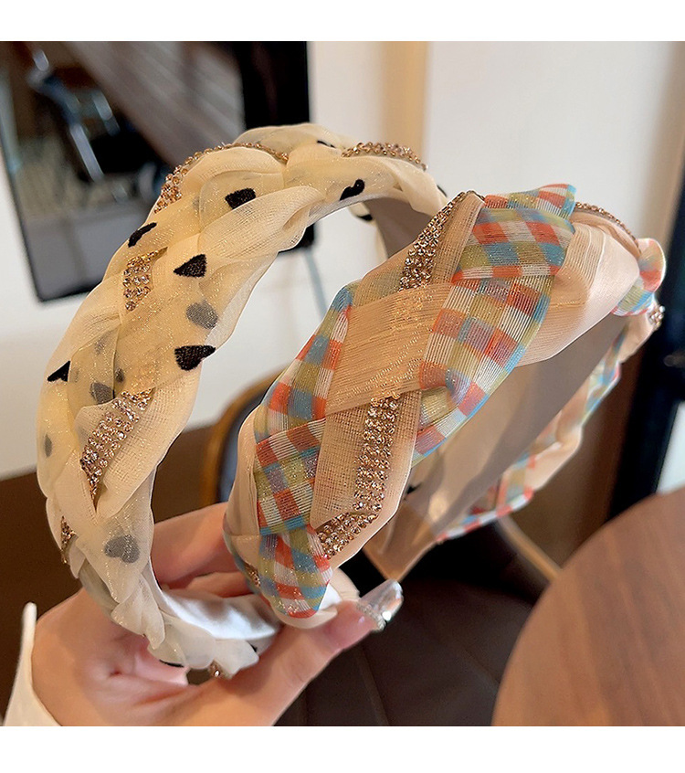 High-end mesh diamond-encrusted hairband, color-blocked twisted headband, wide-edge checkered outside-pressing hairpin, 2023 Internet celebrity new style pic 18