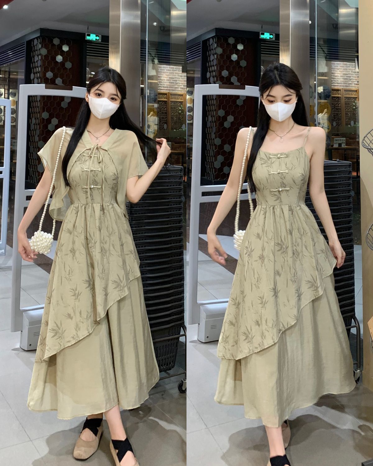 国潮竹叶国风汉服不规则吊带连衣裙女夏大码胖mm新中式收腰显瘦两件套详情15