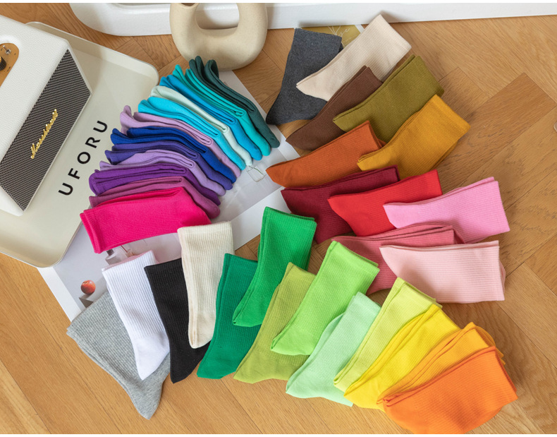 糖果色女士袜子女长筒春秋季简约ins潮流中高筒学生运动彩色棉袜详情3