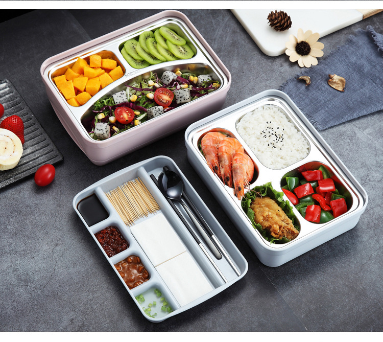 创意304不锈钢分层饭盒 分格保温午餐盒 带餐具格便当盒lunch box详情16