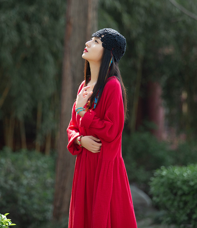 Spring and summer V-neck textured natural linen loose robe, double-layer large hem elegant long dress, retro fairy dress pic 15