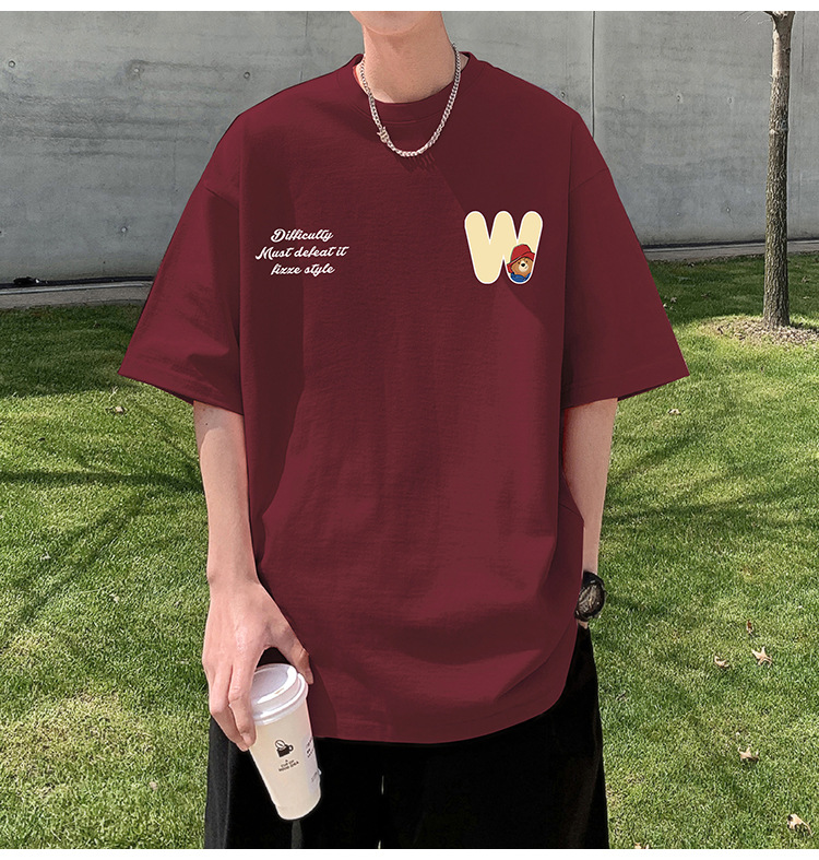 Camiseta de manga corta de estilo americano de algodón pesado hombre verano 2024 nuevo oso estampado estado de moda puerto estilo chico camiseta pic 39
