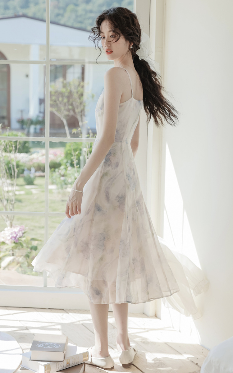 一件代发2024夏季新款水墨印花吊带连衣裙新款仙女裙修身雪纺裙详情24