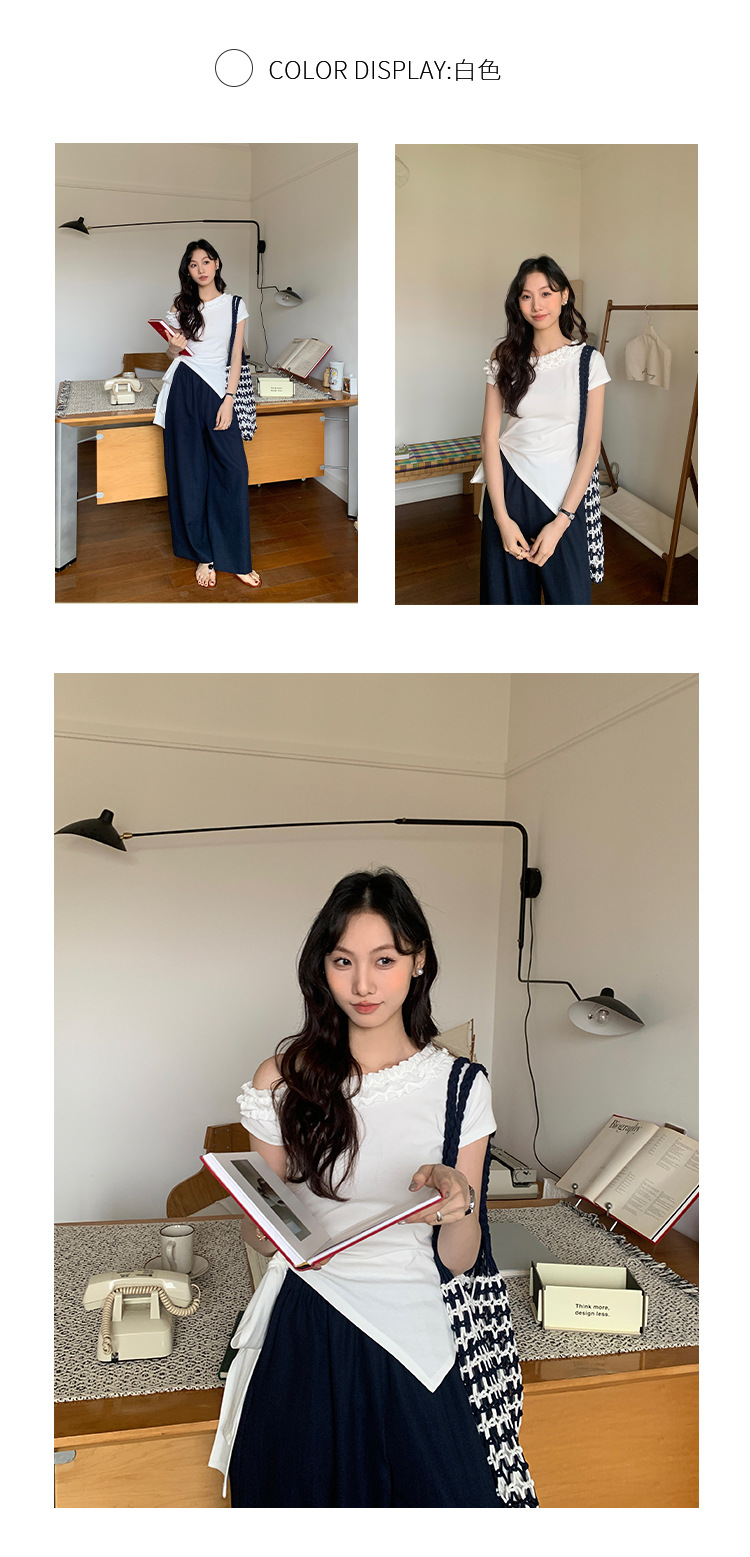 爱西里2025夏季减龄甜美拼木耳花边斜肩下摆不规则短袖T恤女13835详情22