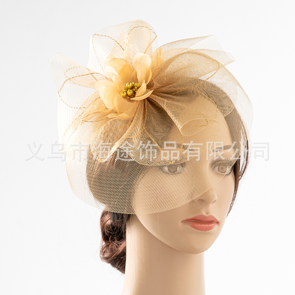 Wholesale of cross-border European and American style yellow retro mesh top hats, fashionable party performance hair accessories, top hats and gauze hats pic 1