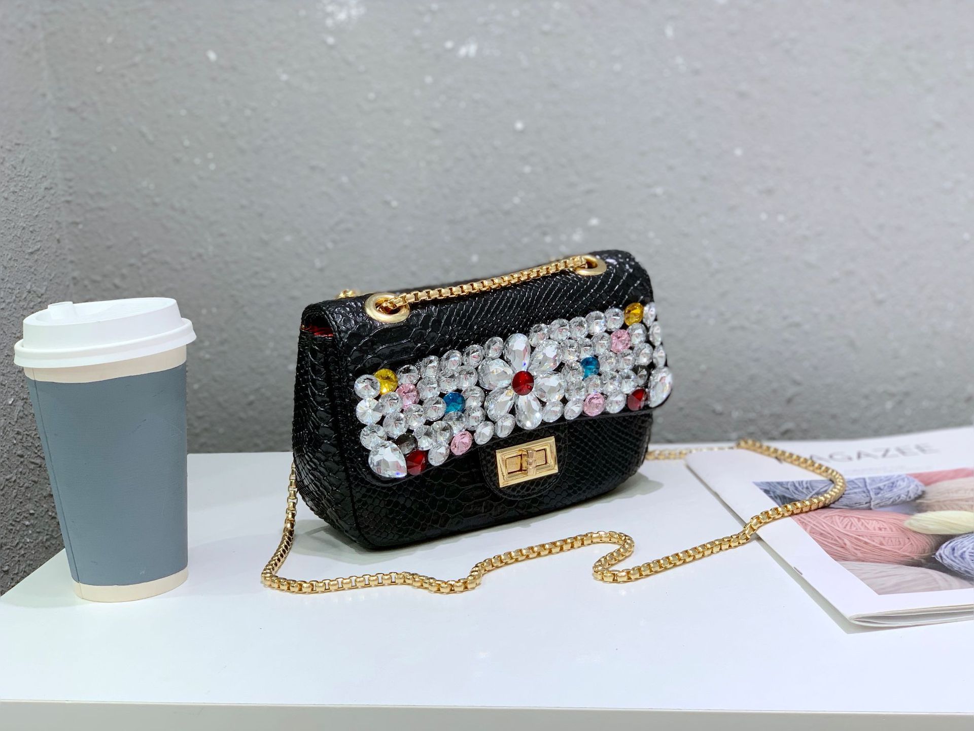 Chanel snake-patterned diamond bag, single-shoulder crossbody bag, crystal gemstone hot mom bag, flower sequined chain bag, water diamond bag pic 24