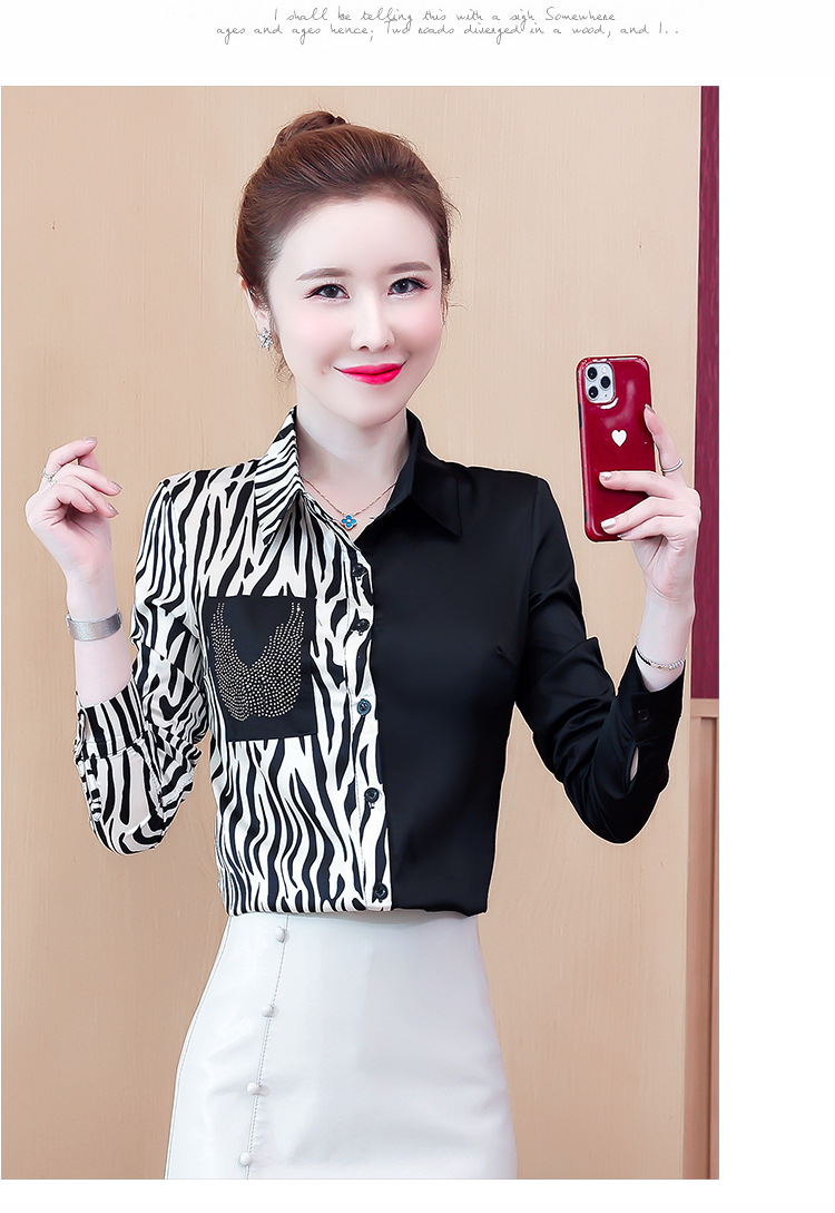 实拍20韩版宽松英伦复古时尚衬衫女缎面拼接烫钻polo领衬衣详情21