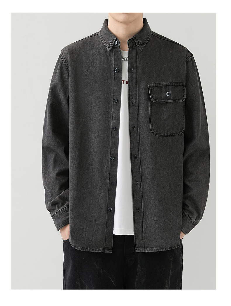 男装薄款牛仔长袖衬衫男2023春秋韩版潮流休闲纯色工装衬衣外套男详情17