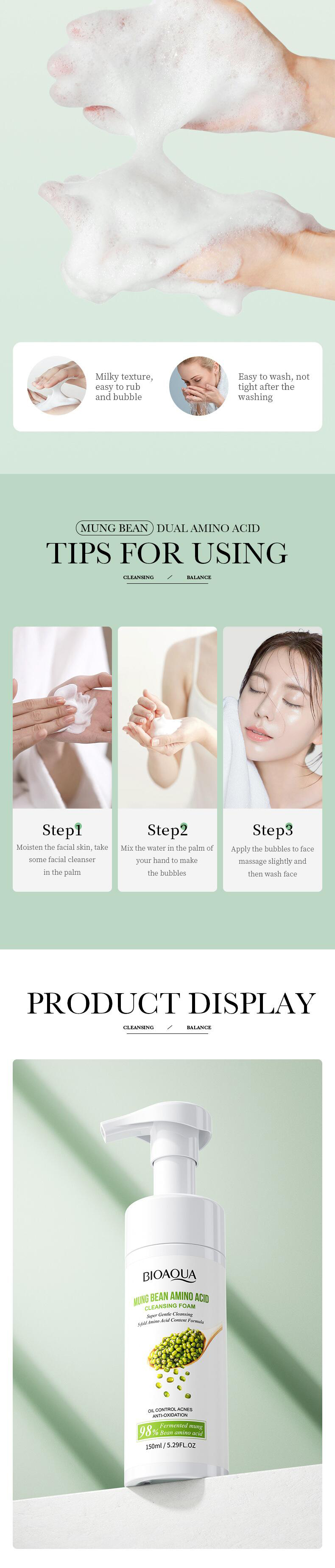 跨境外贸BIOAOUA绿豆氨基酸洁面泡泡温和护肤补水保湿控油详情4