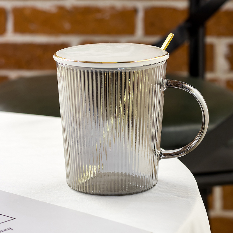 Creative summer high borosilicate glass cup, popular coffee cup, transparent vertical pattern afternoon tea cup set, tea brewing cup wholesale August ceramic pic 7