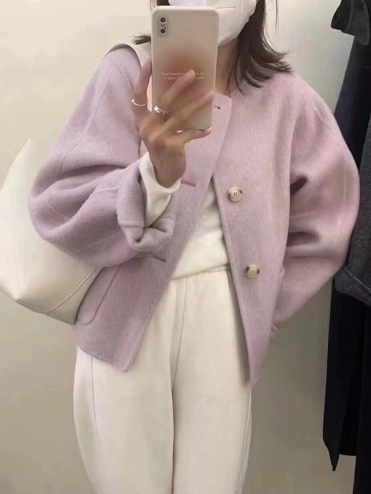 2023 Autumn/Winter new collarless double-sided wool coat, mid-length Korean-style loose and casual woolen coat for girls pic 5