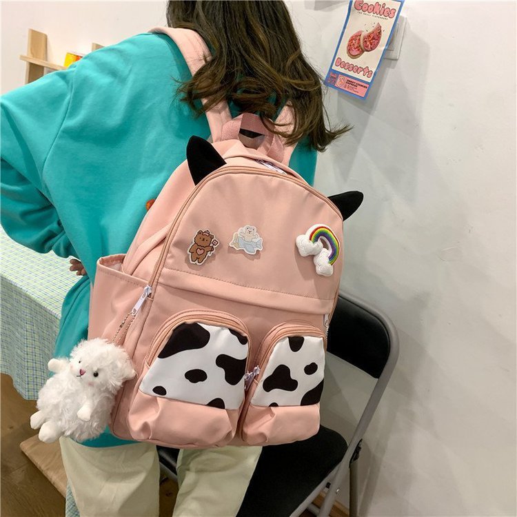 Japanese-style ins campus school style, fresh and cute, cute cow with earbuds, soft girl schoolbag, funny student backpack pic 81