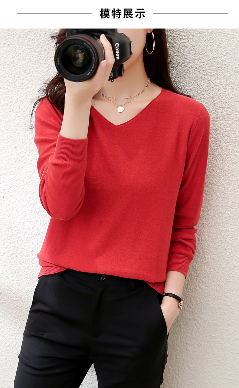2023秋季女装全纯色棉麻针织T恤女V领长袖文艺大码外贸厂家批代发详情8