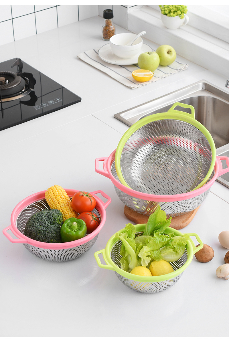 Interlocking draining basket, stainless steel color-edge draining basket with handle, large dining room fruit and vegetable water control basin, household kitchen multi-hole rice-washing basket, rice sieve, double-ear draining basket, rice-washing basin, perforated basin, filter basin pic 13