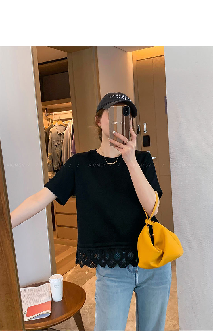 A new loose top for women in the summer of 2025, featuring a white round-neck short-sleeved lace trim patchwork T-shirt pic 9
