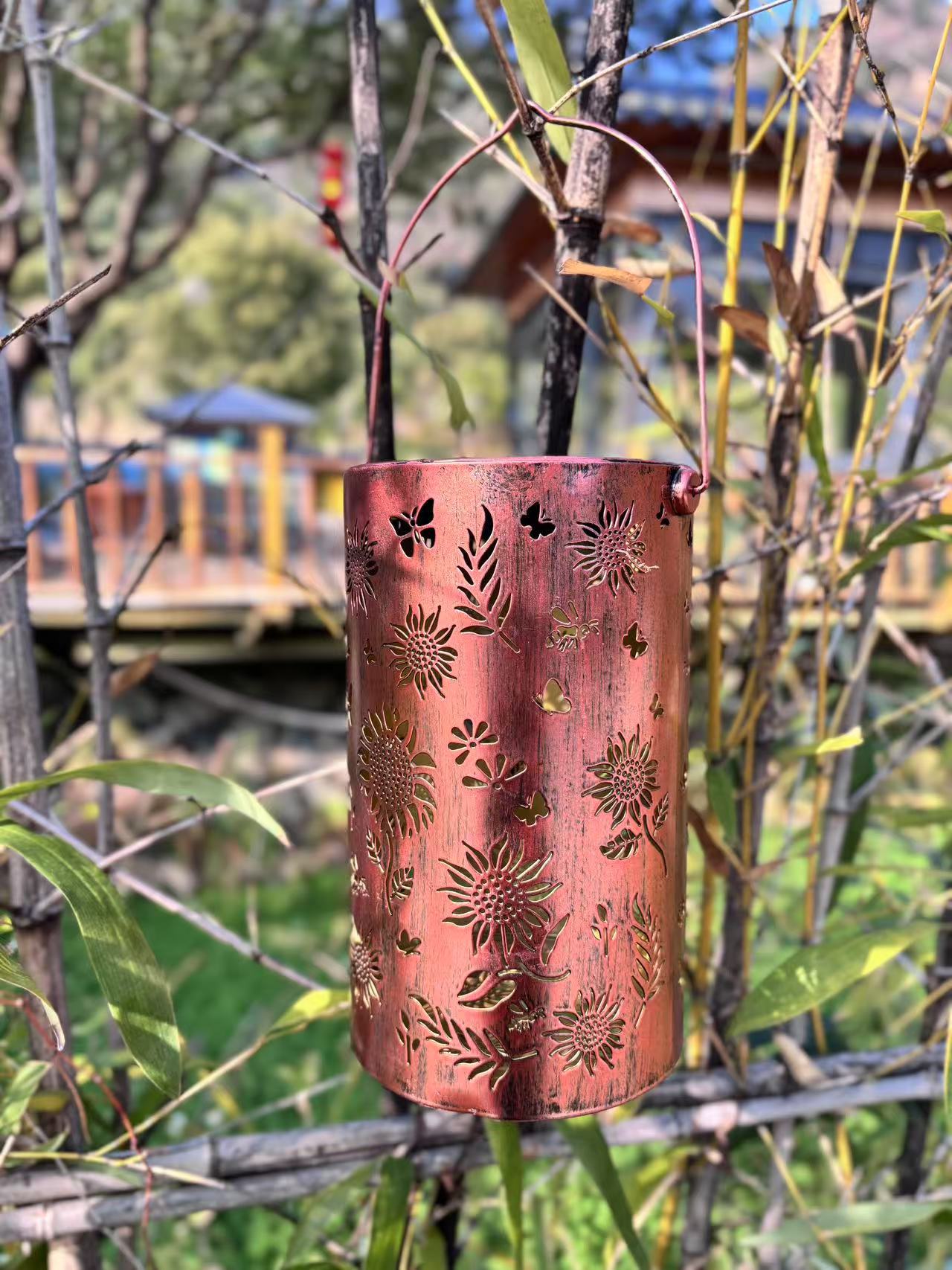Solar-powered outdoor courtyard hanging lamps, ironwork hollowed-out hummingbird, butterfly, chrysanthemum and animal projection installations pic 11