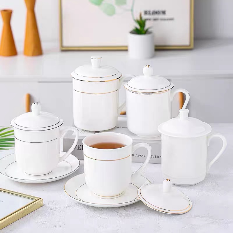 Hotel and guesthouse mugs, office and guest room ceramic pure white tea cups with LIDS, drinking cups printed with logos pic 15