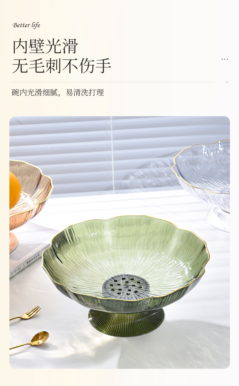 新款轻奢时尚水果盘沥水家用简约时尚客厅高颜值透明高脚塑料果盘详情7