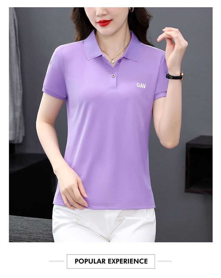 夏季新款短袖t恤女翻领大码宽松休闲中年妈妈POLO衫纯色运动上衣详情25
