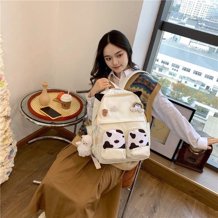 Japanese-style ins campus school style, fresh and cute, cute cow with earbuds, soft girl schoolbag, funny student backpack pic 100