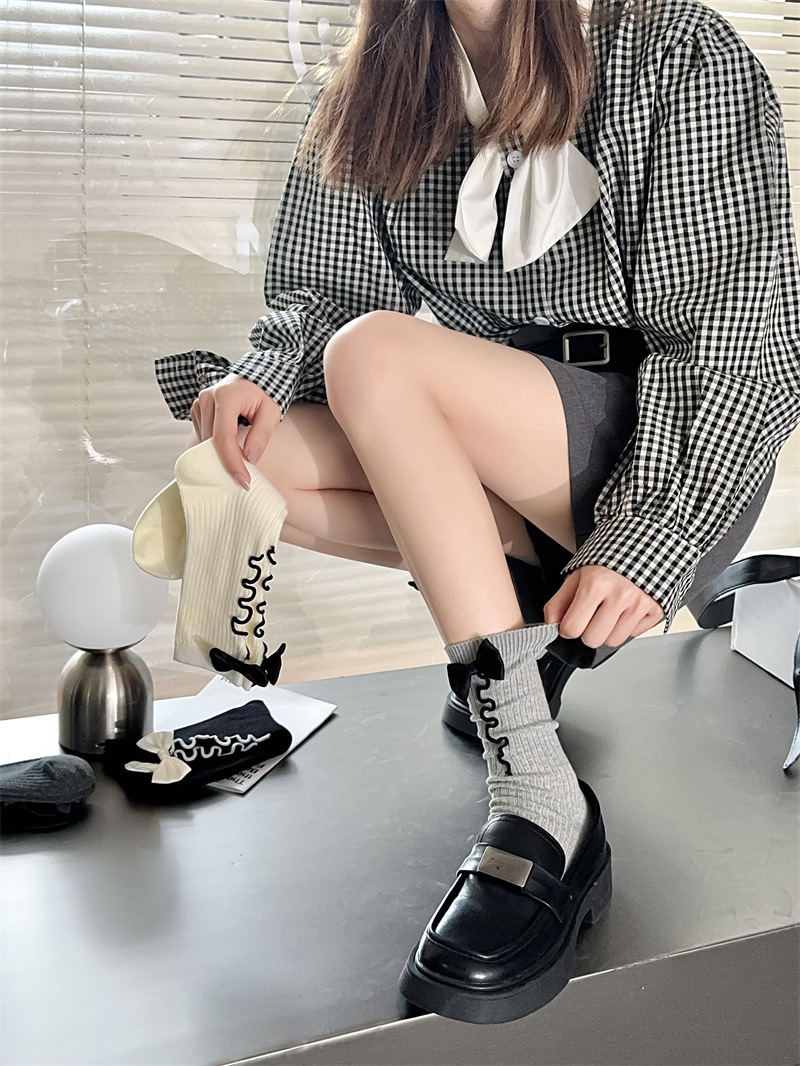 堆堆袜女棉中筒袜秋季新款ins潮芭蕾风前面木耳边蝴蝶结袜子批发详情20