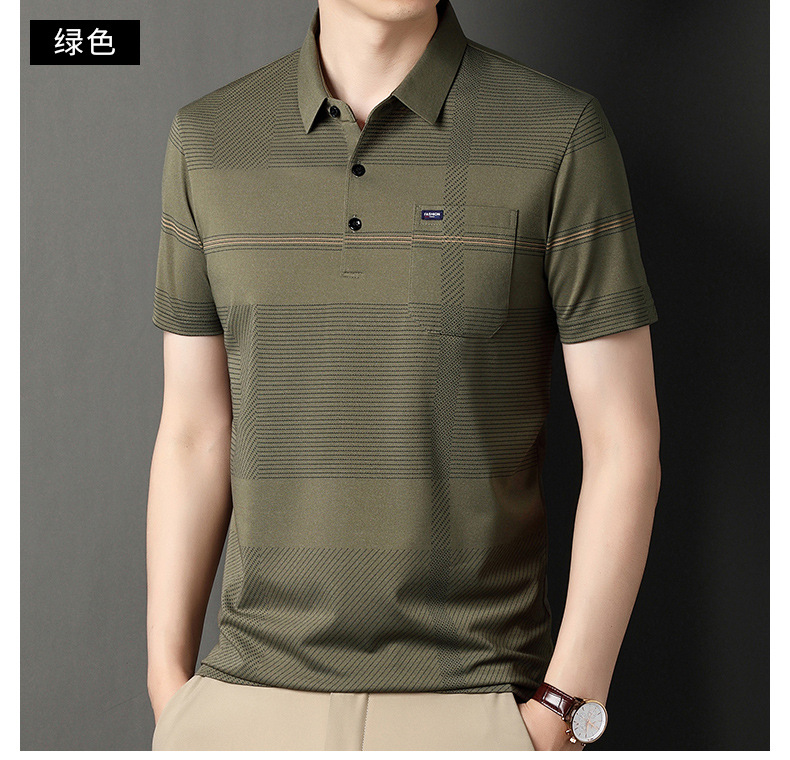 爸爸装夏季翻领冰丝短袖t恤男真口袋薄款条纹中老年男士polo衫详情21