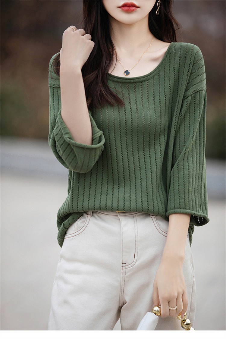 七分袖中袖夏女装纯棉镂空针织套头T恤清凉针织衫宽松版套头大码详情13