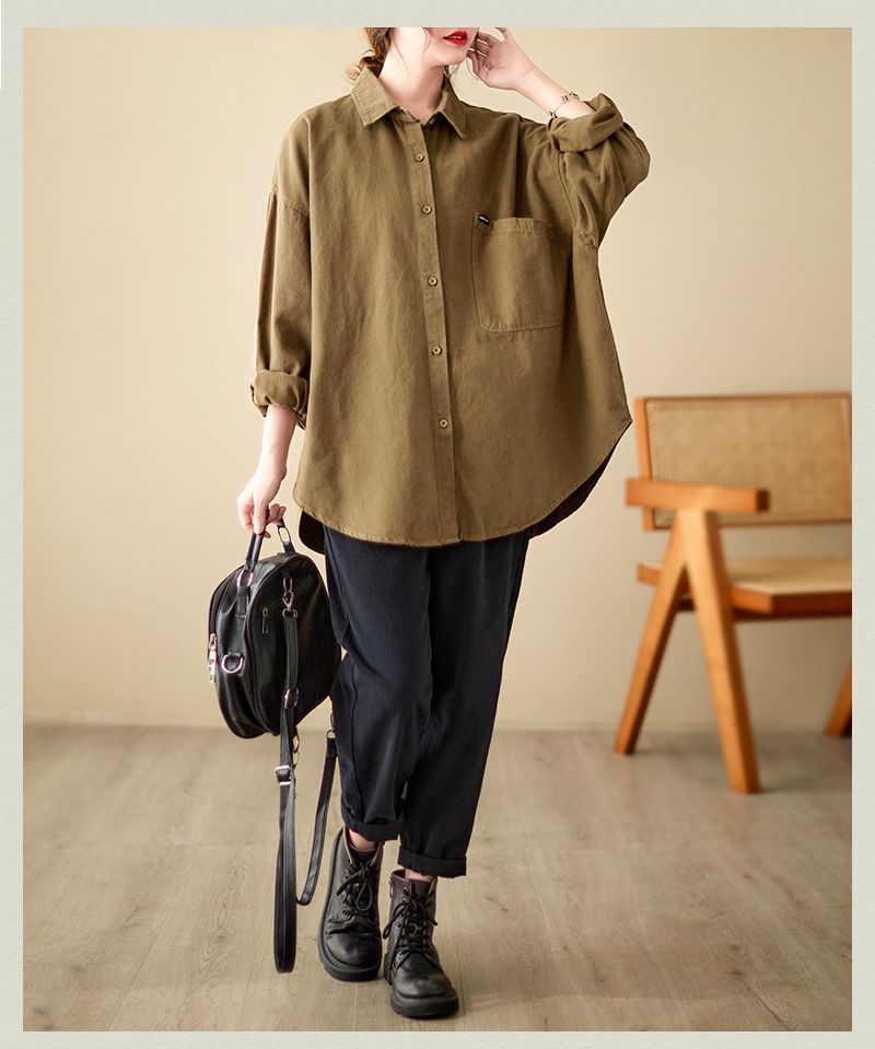4色入纯色翻领长袖衬衫外套女宽松2024秋季新款文艺大口袋衬衣潮详情21