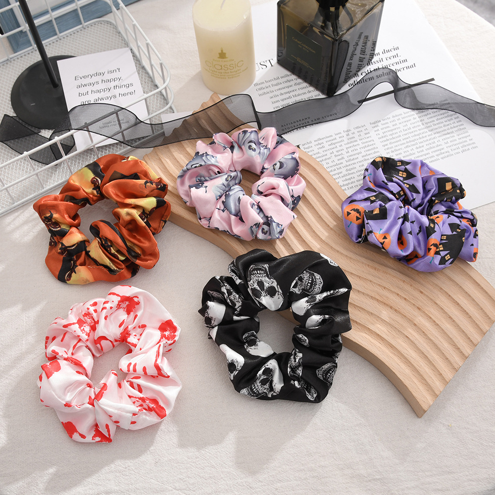 Cross-border Halloween Large Intestine hair tie, funny printed hair tie headwear, retro satin hair tie wholesale pic 1