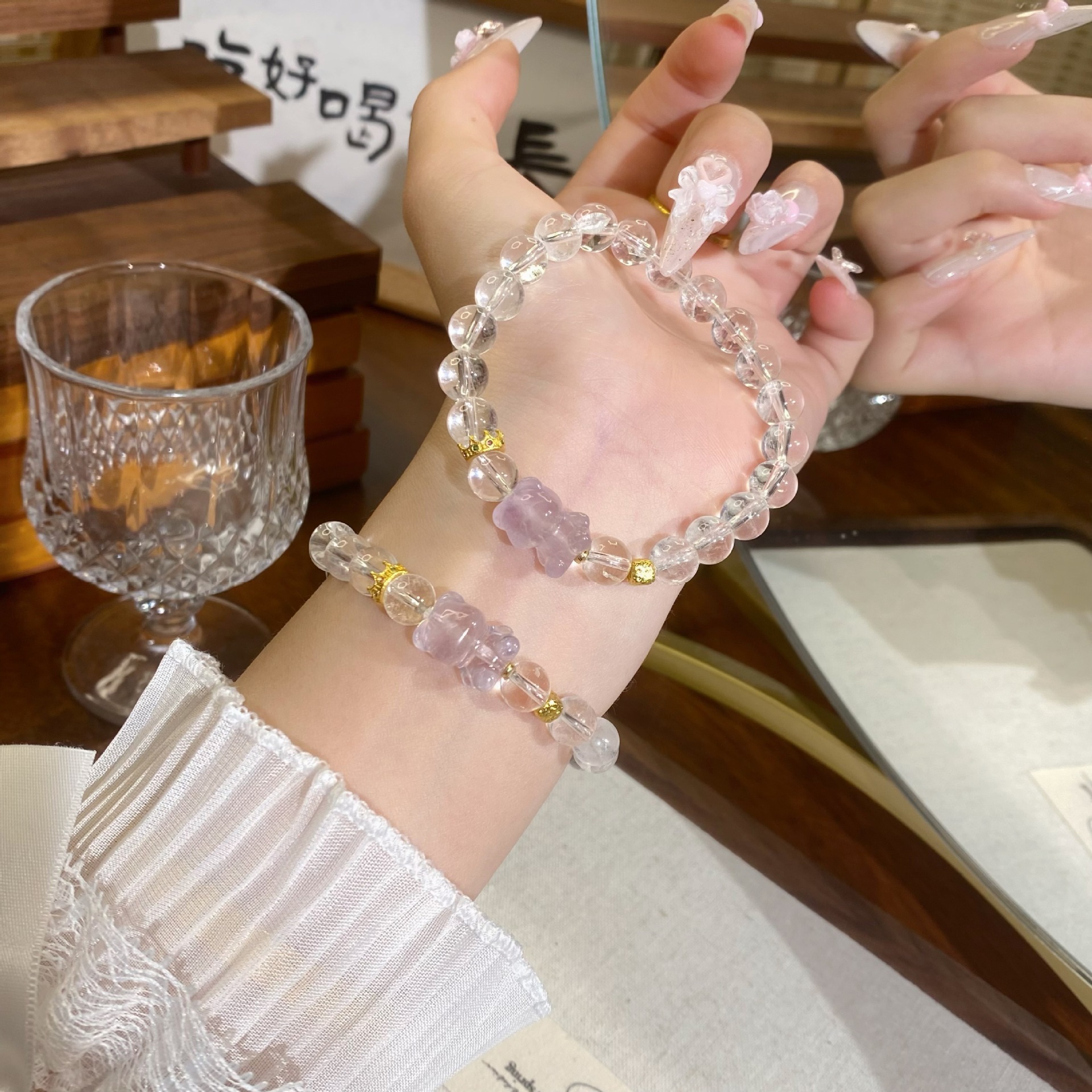 2025 Fresh and Natural Stone Powder Crystal Original Handmade White Crystal Bear Bracelet, source factory, fashionable bracelet pic 1