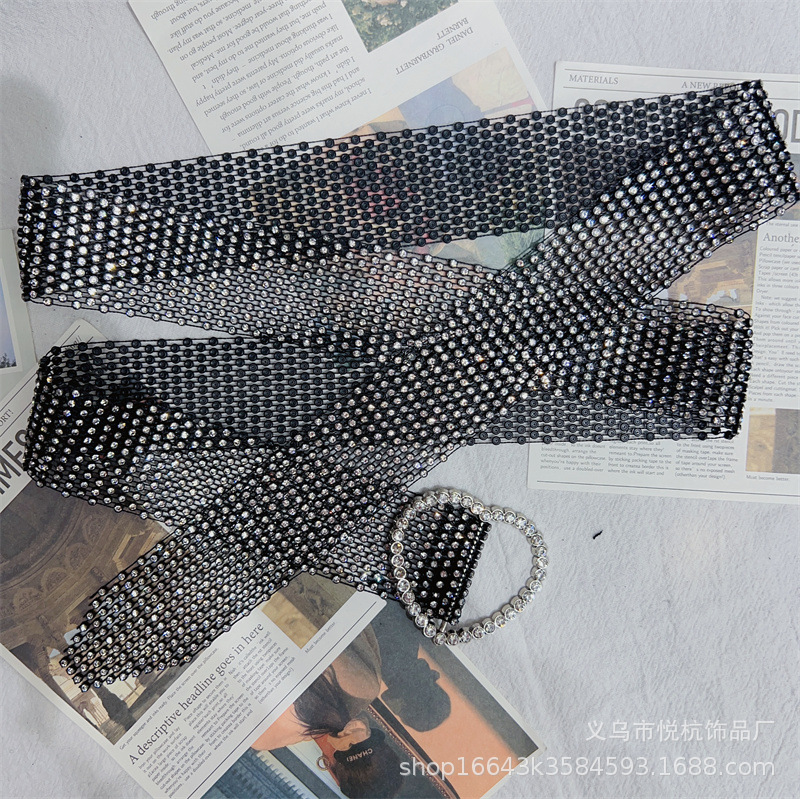 跨境弹力网线水钻腰带合金扣头腰链镶钻百搭裙子装饰时尚皮带详情13