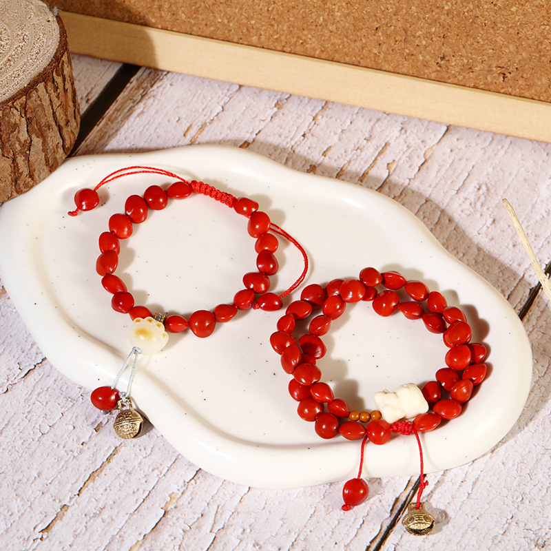 Love Red bean Bodhi Prayer beads couple bracelet, New Year gift, retro hand-woven red string bracelet for women in the zodiac year pic 5