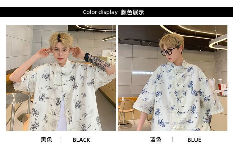 国潮青少年中国风竹子免烫处理短袖衬衫男夏季新中式盘扣潮流宽松半袖详情4