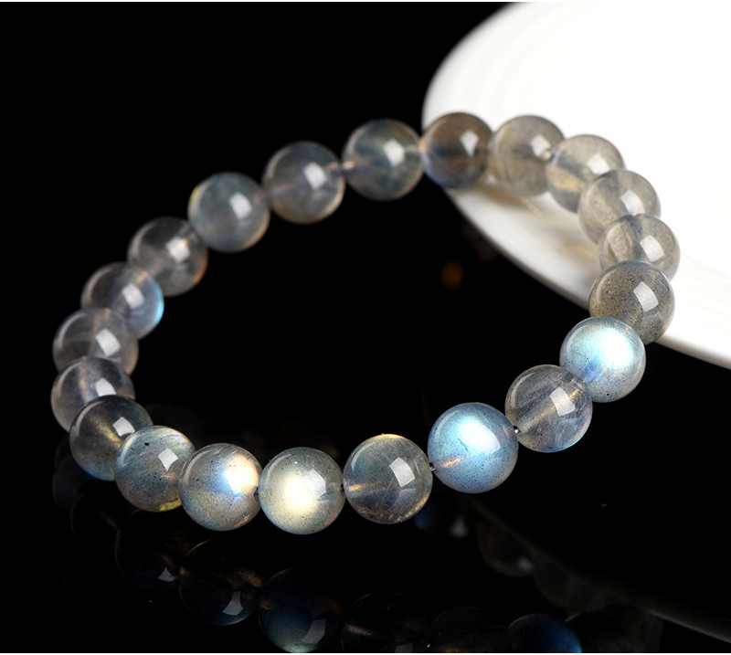 Jiuya Crystal Natural Moonstone Loose Bead Bracelet, Pure Body Color Light Gray Moonlight Elongated Stone Round Bead Bracelet pic 15